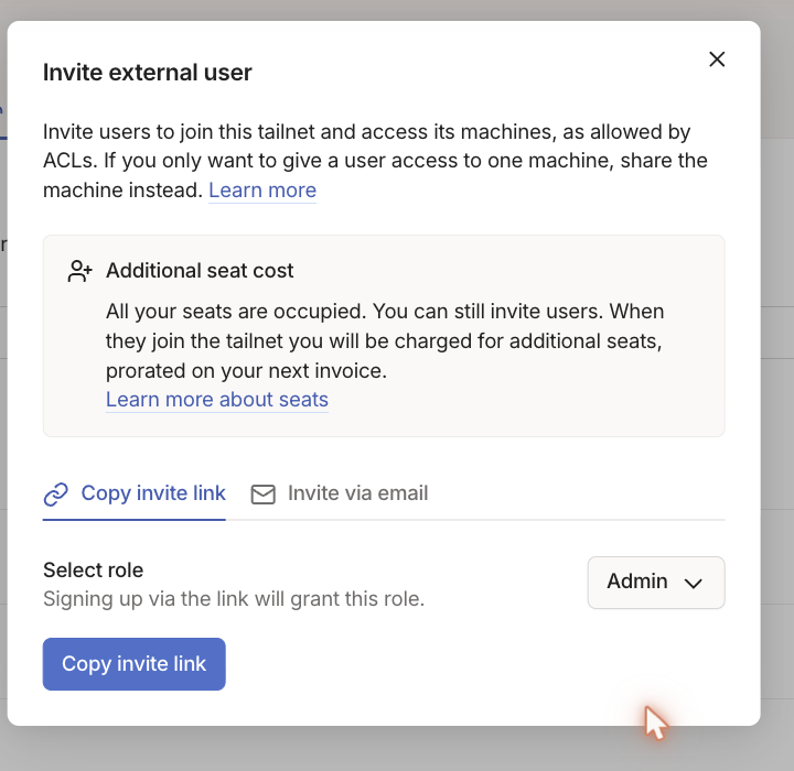 Tailscale Invite external user dialog with the role set to Admin
